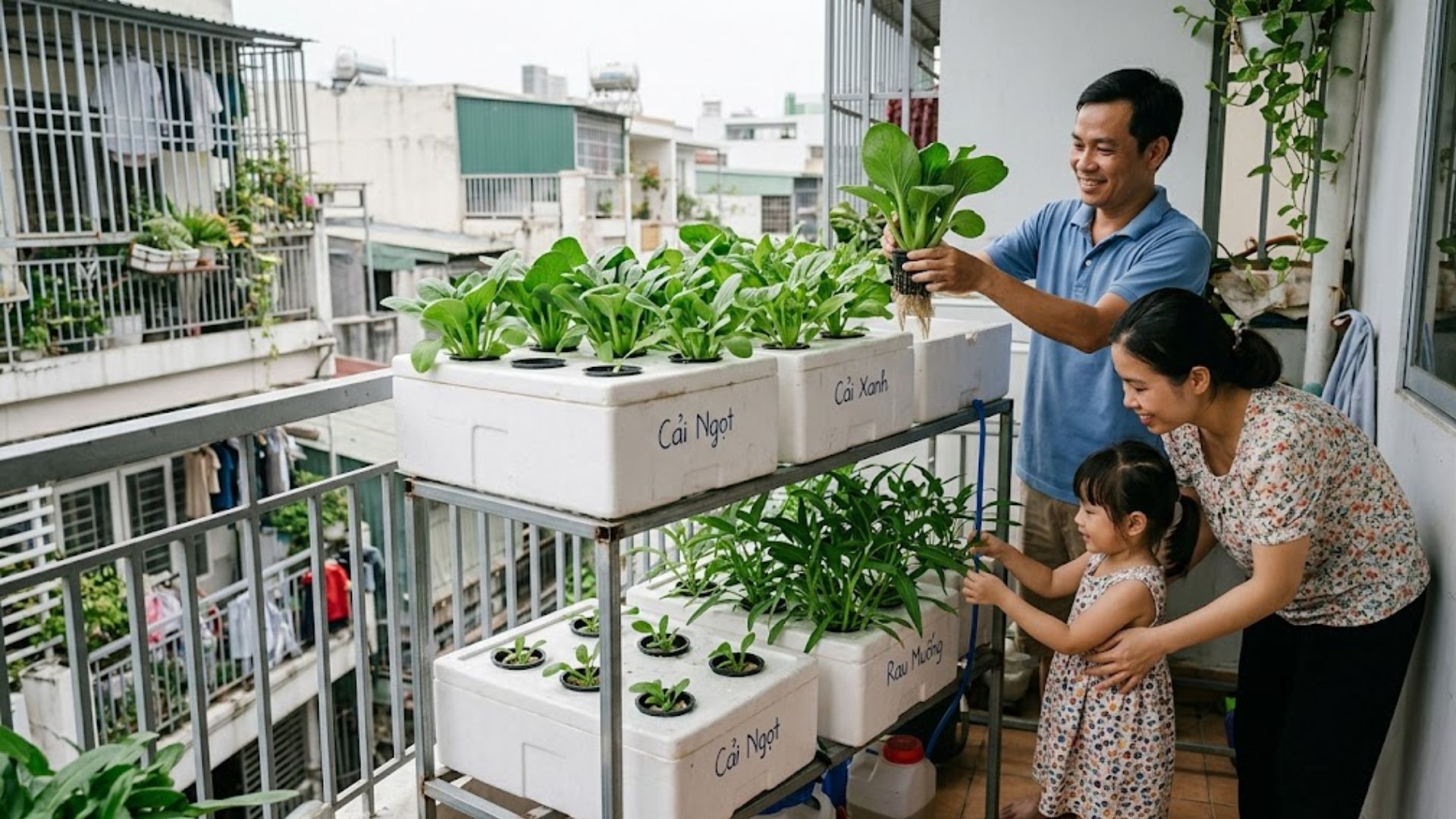 Gia đình trồng rau thủy canh